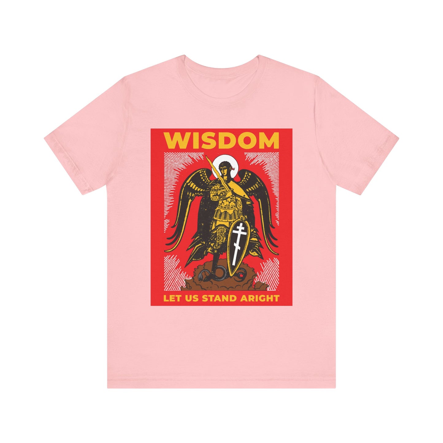 Pink "Wisdom: Let Us Stand Aright" tee features Archangel Michael the Warrior with shield and sword in a Russian illustration, inspired by Revelation 12. Lightweight cotton, unisex Orthodox shirt.