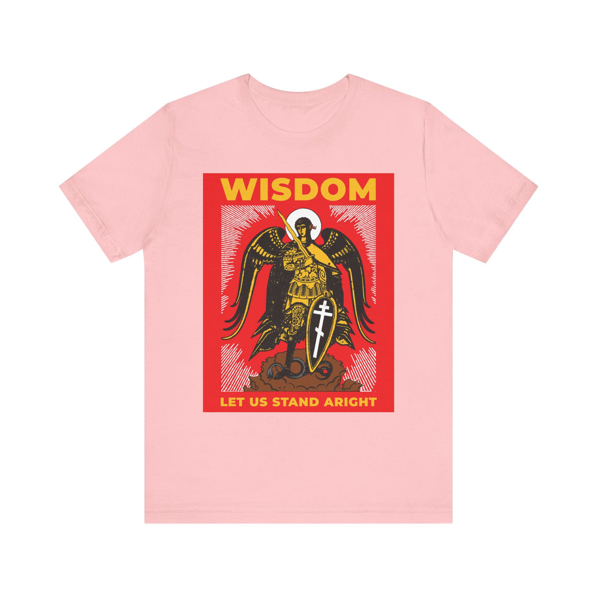 Pink "Wisdom: Let Us Stand Aright" tee features Archangel Michael the Warrior with shield and sword in a Russian illustration, inspired by Revelation 12. Lightweight cotton, unisex Orthodox shirt.