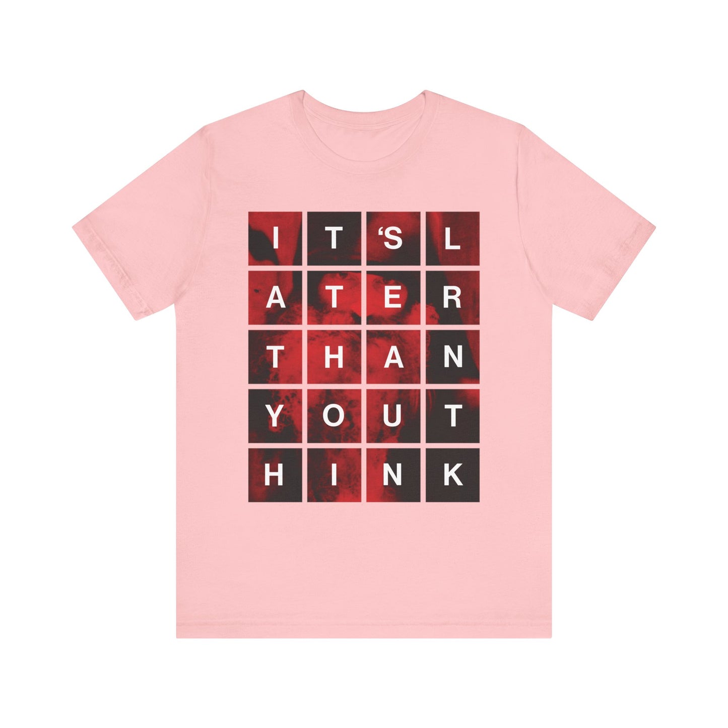 Pink "It’s Later Than You Think" lightweight cotton unisex tee featuring a modern block grid design inspired by St. Seraphim Rose—an Orthodox Christian reminder to reflect on repentance and salvation.