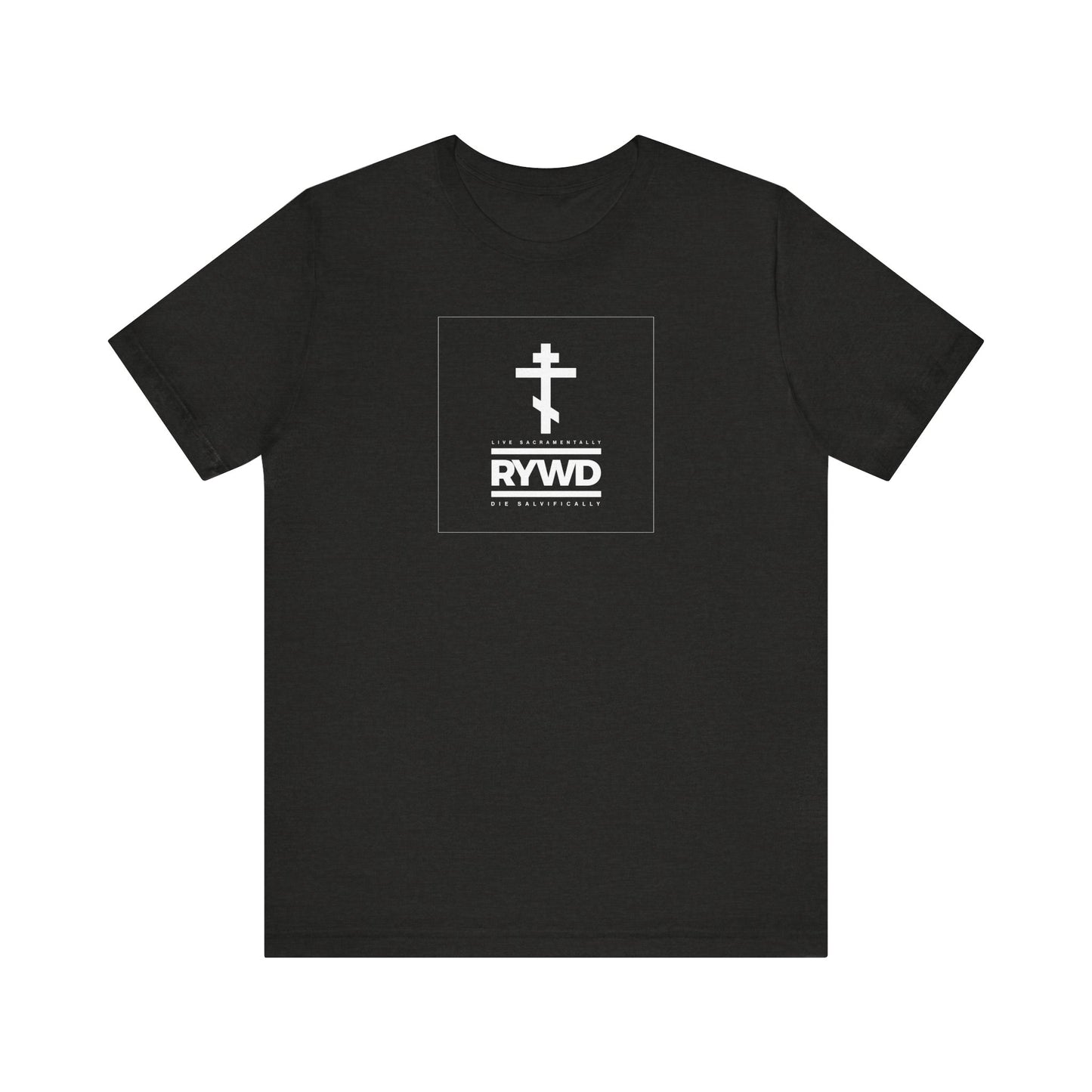 Black Heather unisex tee featuring a minimalist white double-barred cross above the text "RYWD BY ROADSIDE" in a square outline—part of the RYWD (Remember You Will Die) collection. This Orthodox Christian lightweight cotton shirt serves as a meaningful reminder to live sacramentally and die salvifically.