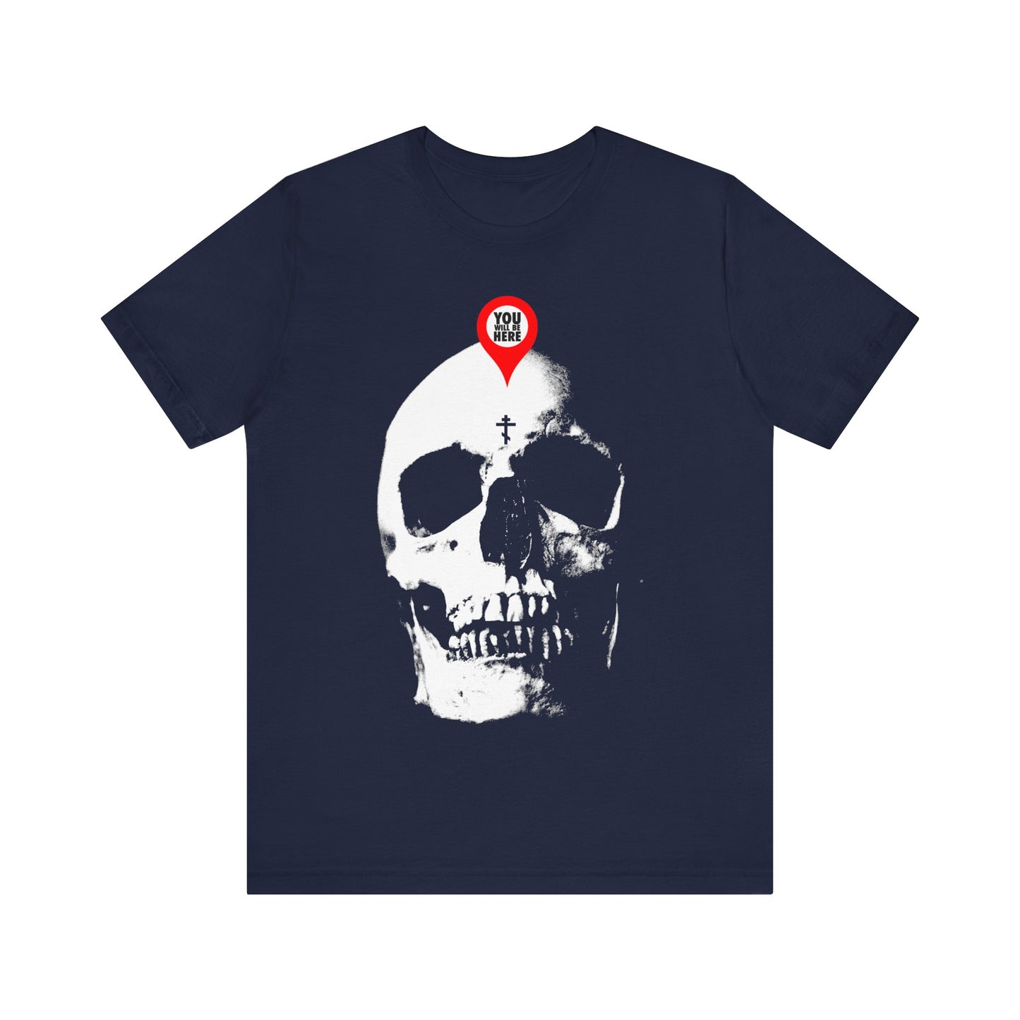 Navy t-shirt with a large white skull and red map marker graphic, inspired by Orthodox Christian "Memento Mori" teachings—You Will Be Here Maps Marker on Skull Design.