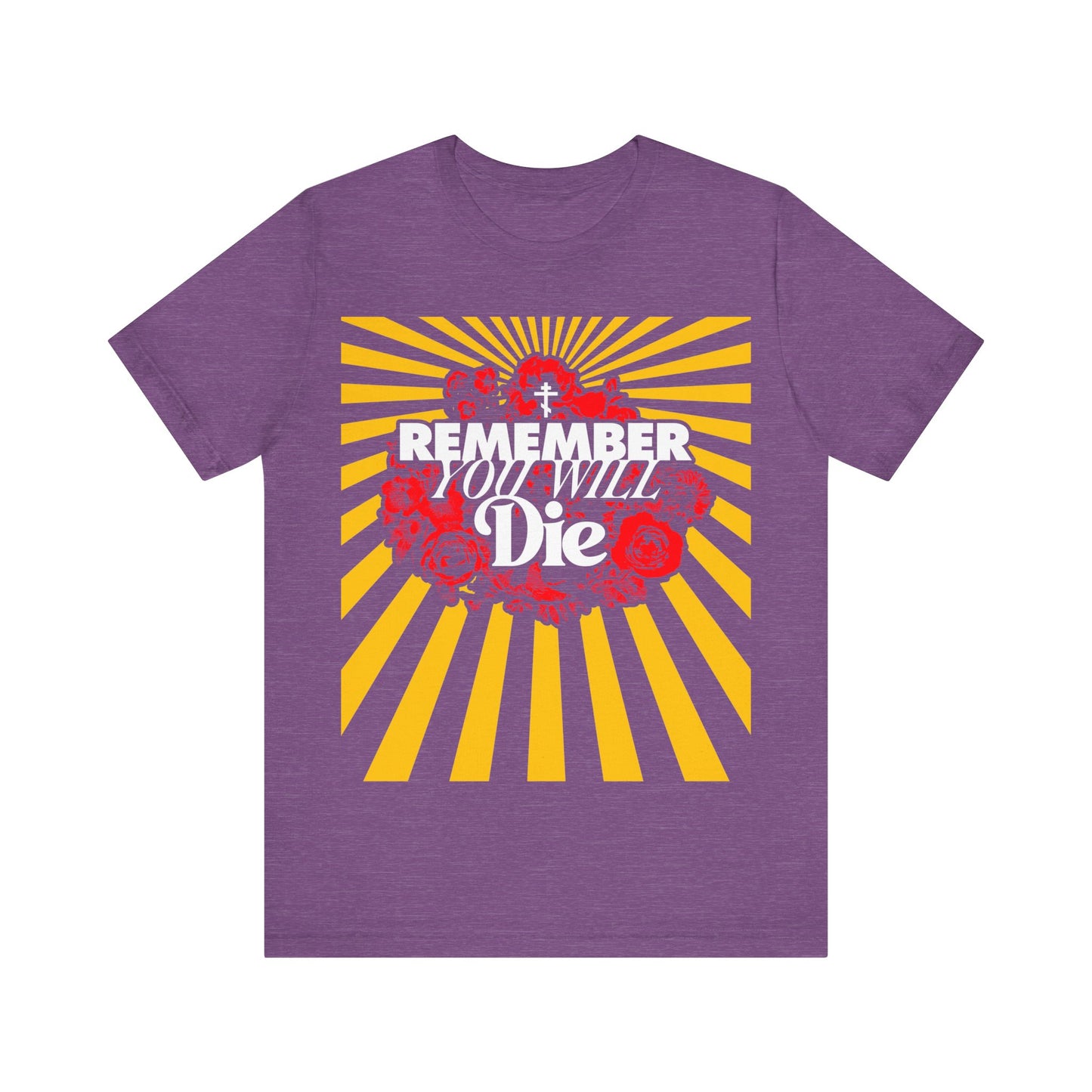Remember You Will Die Red & Yellow Pop Art Design | Orthodox Cross | Memento Mori | Roses & Rays | Christian Lightweight Cotton Unisex Tee