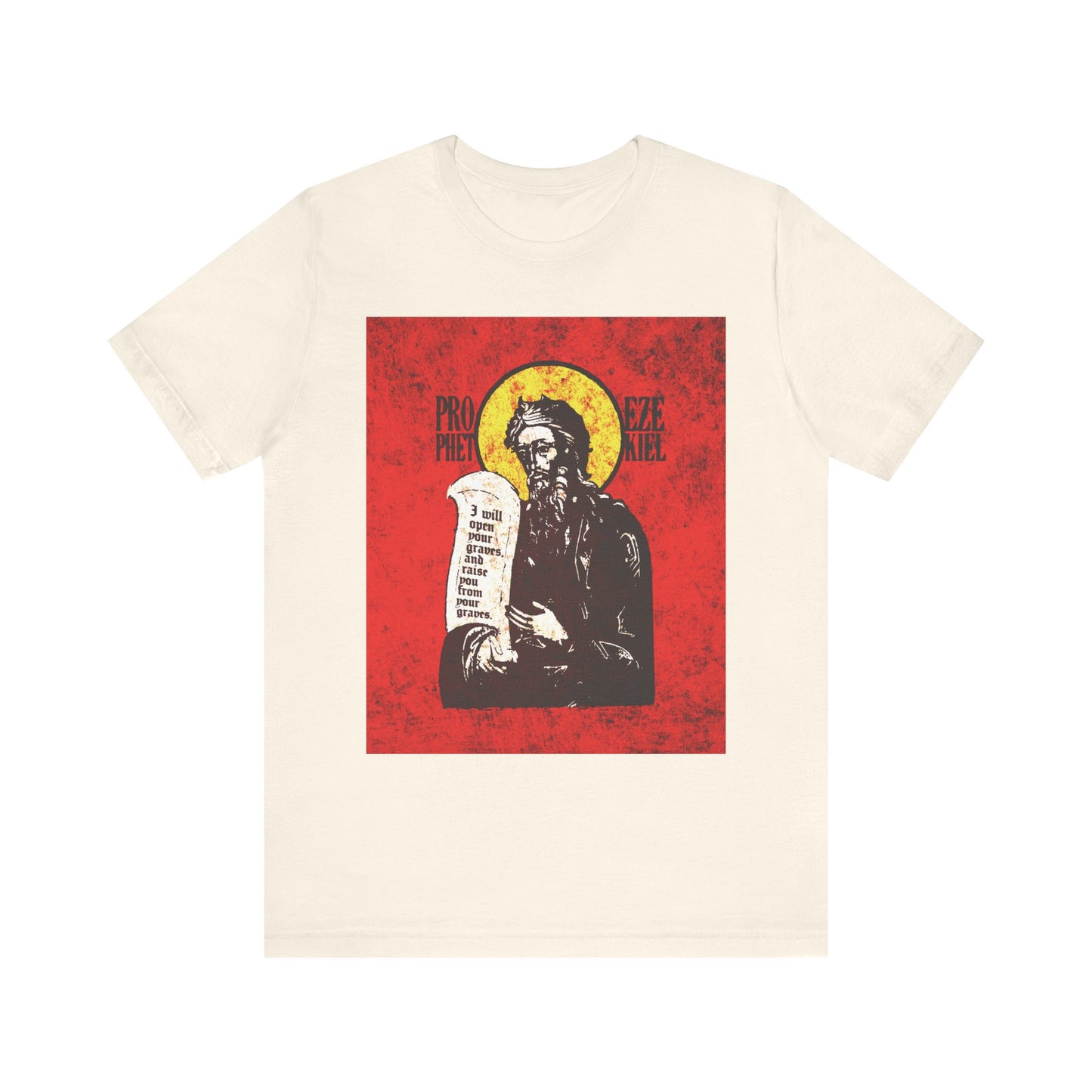 Prophet Ezekiel IconoGraphic featuring a bearded figure with scroll and halo on a high-contrast bright red and yellow background, symbolizing the breath of life, printed on a natural (beige) lightweight cotton unisex tee.