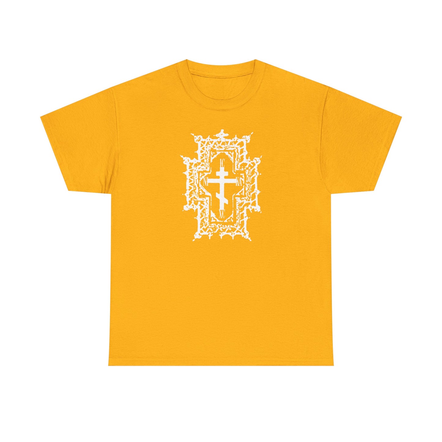 Gold ICXC NIKA heavy cotton t-shirt featuring a white Gothic cathedral style Orthodox cross, symbolizing Jesus' crown of thorns and sufferings, with "Jesus Christ Conquers" and "Healed By His Wounds" themes centered on the front.