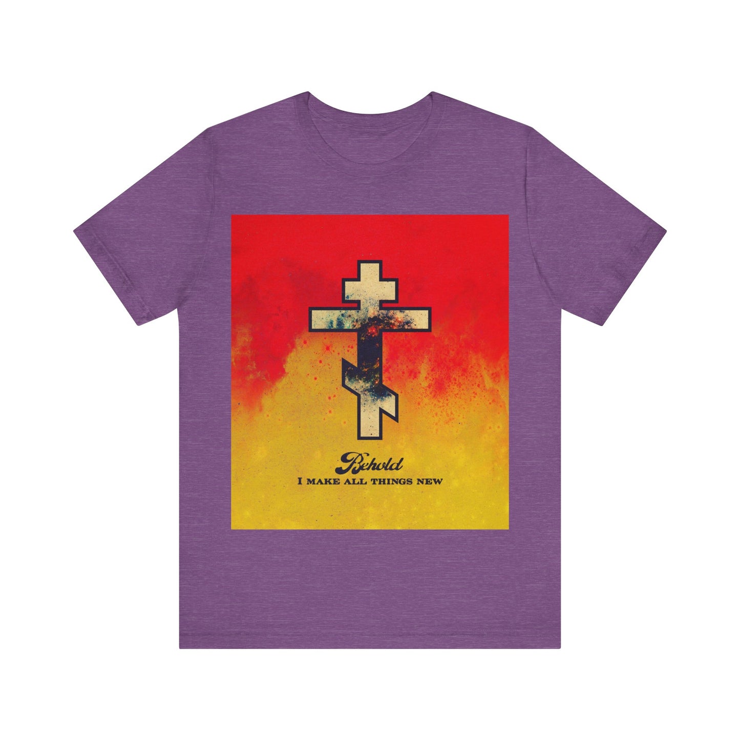 Behold, I Make All Things New (Revelation 21:5) | Cosmic Orthodox Cross on Red and Yellow Background | Orthodox Christian Cotton T-Shirt