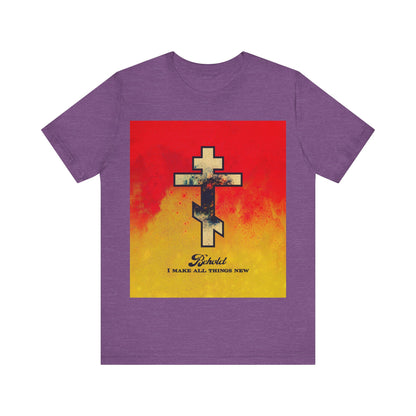 Behold, I Make All Things New (Revelation 21:5) | Cosmic Orthodox Cross on Red and Yellow Background | Orthodox Christian Cotton T-Shirt