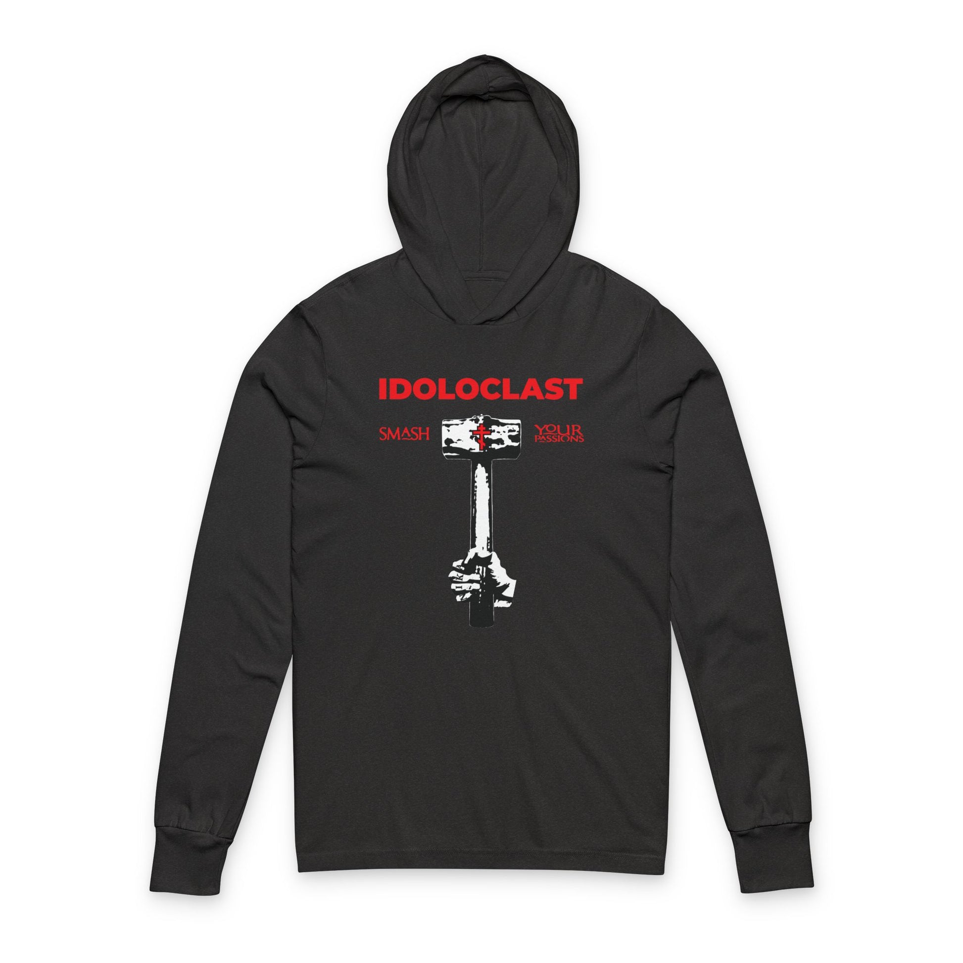 Charcoal Black TriBlend hoodie: Idoloclast Idol-Smasher features Jesus’ fist with sledgehammer graphic, red "IDOLOCLAST SMASH XOUS" text. Inspired by Christian asceticism and Orthodox faith; a bold statement of self-control.