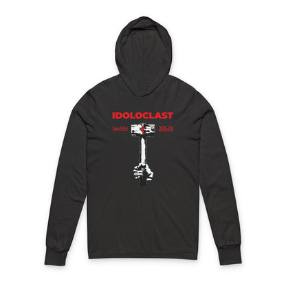 Charcoal Black TriBlend hoodie: Idoloclast Idol-Smasher features Jesus’ fist with sledgehammer graphic, red "IDOLOCLAST SMASH XOUS" text. Inspired by Christian asceticism and Orthodox faith; a bold statement of self-control.