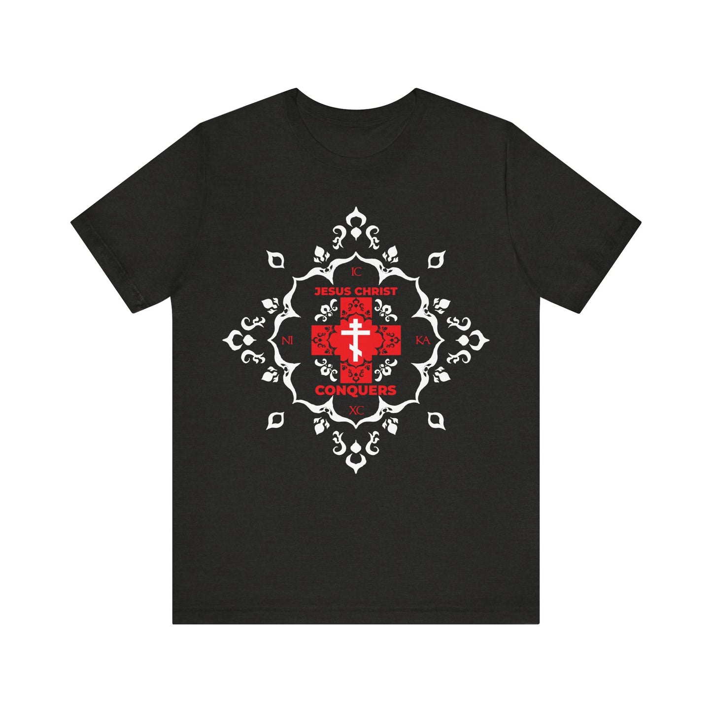 Black Heather t-shirt featuring a white Orthodox cross, medieval filigree, and red modern "ICXC NIKA" text—meaning "Jesus Christ Conquers"—inspired by St. John Chrysostom’s teaching of victory over sin.