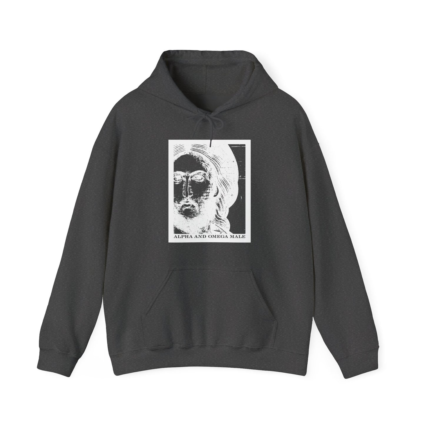 Dark Heather hoodie featuring a white photonegative face graphic with "ALPHA AND OMEGA MALE" below, inspired by Jesus Christ as the Beginning & End (Rev 22). Orthodox Christian cotton/poly blend.