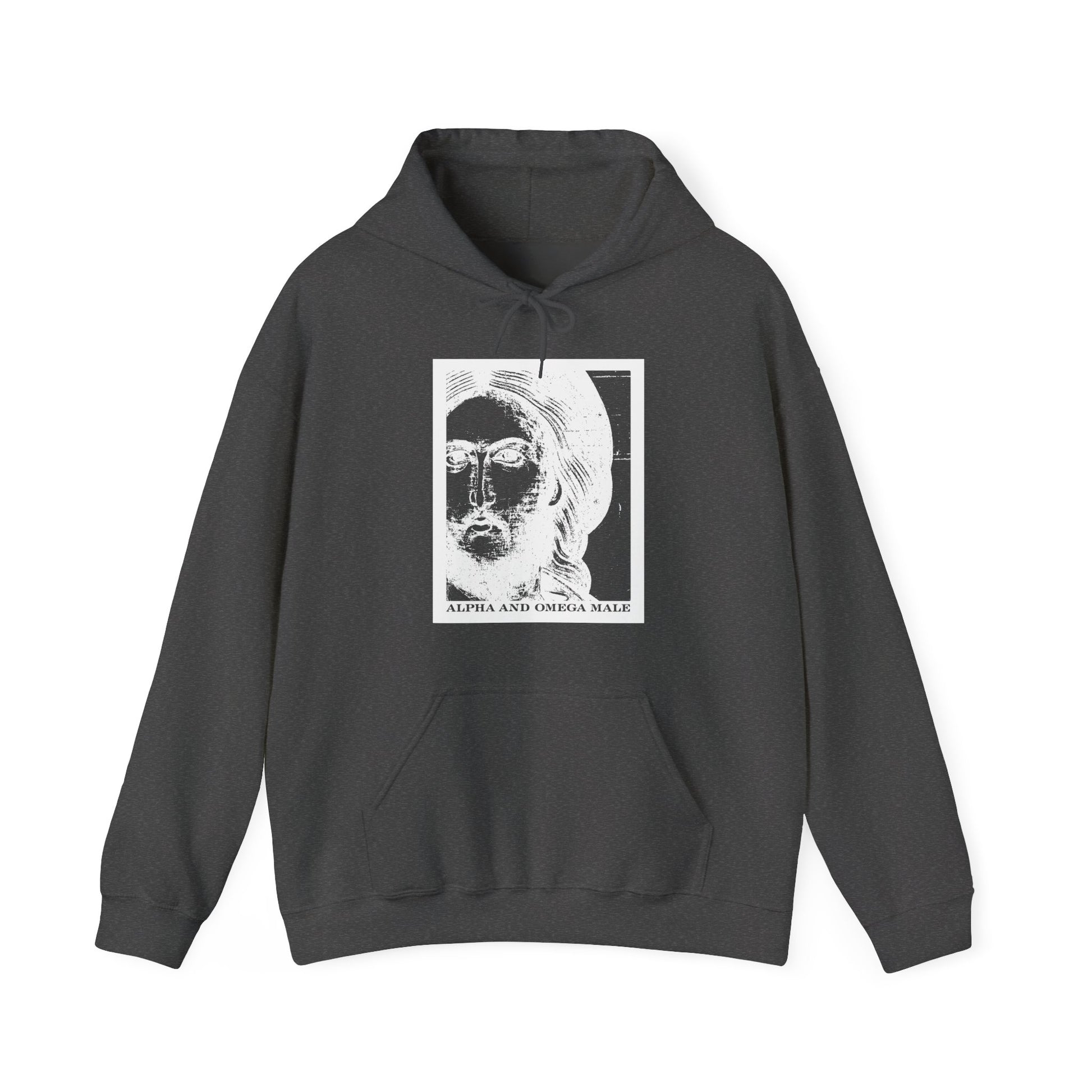 Dark Heather hoodie featuring a white photonegative face graphic with "ALPHA AND OMEGA MALE" below, inspired by Jesus Christ as the Beginning & End (Rev 22). Orthodox Christian cotton/poly blend.