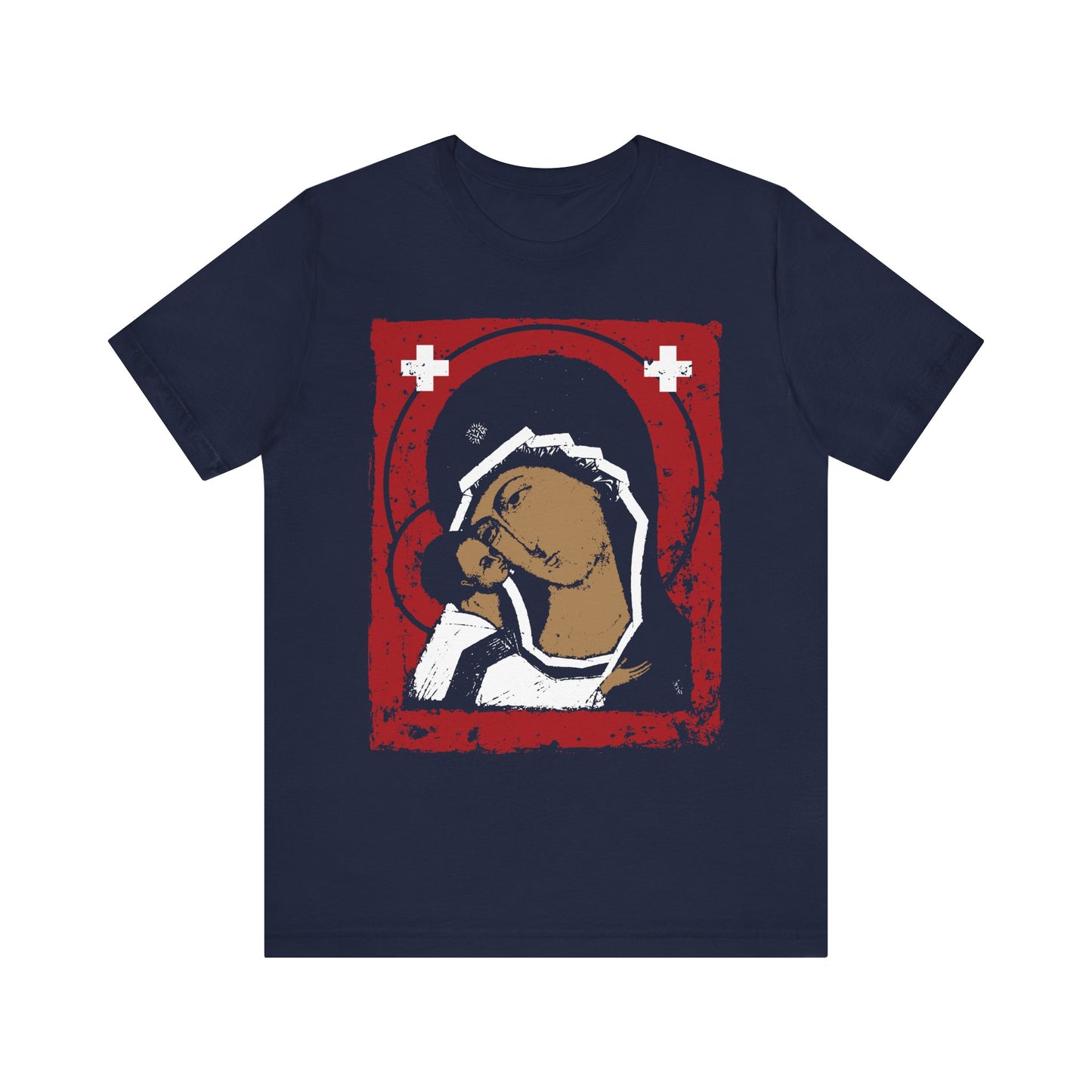 Navy “Theotokos Mother of God with Christ IconoGraphic” tee featuring a lightweight cotton build and a stylized red, white, and black design inspired by the graceful lines of the Igorevskaya Tenderness Orthodox icon.