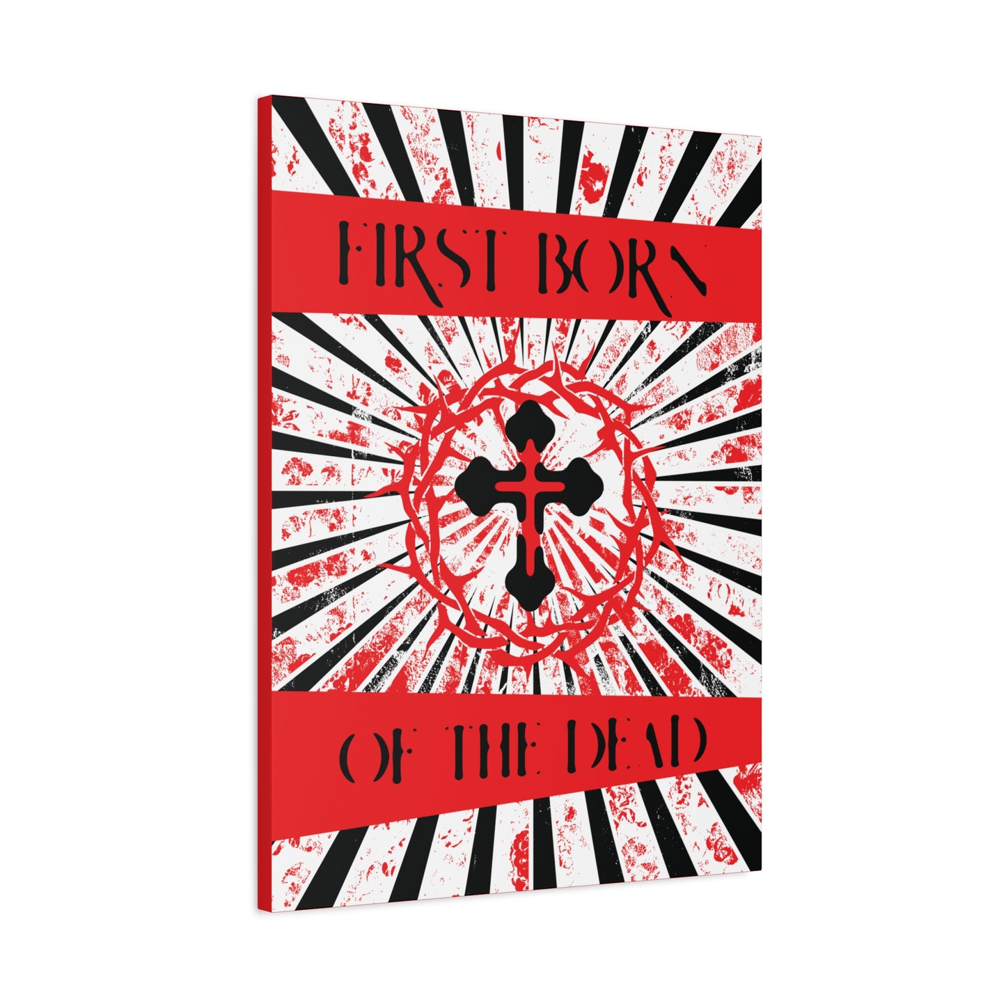 First Born of the Dead | Orthodox Cross and Crown of Thorns | Red White and Black Textured Design with Rays | Orthodox Christian Canvas Art