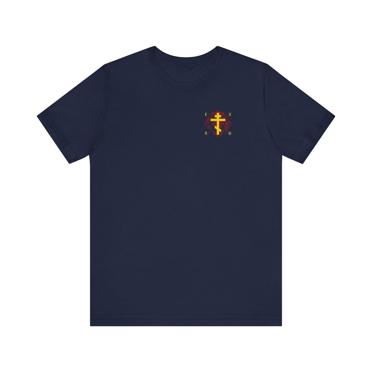 Navy ICXC NIKA Christian T-shirt featuring a small yellow Orthodox Cross on an ornate red background design, inspired by St. Kosmas Aitolos and sonship grace. Lightweight cotton unisex tee.