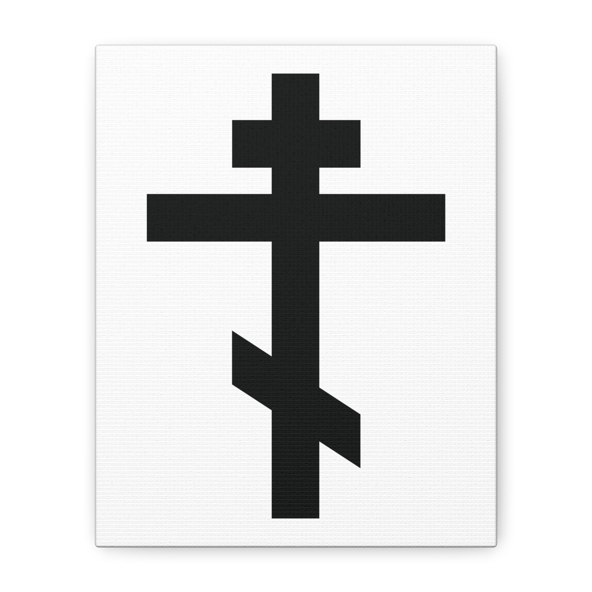 The "Black Orthodox Cross White Background" canvas art features a three-bar Russian Orthodox cross on white, inspired by Galatians 6:14: "May I never boast, except in the cross of our Lord Jesus Christ.