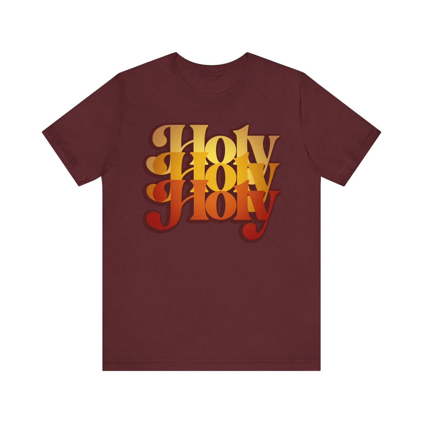 Maroon Holy Holy Holy Trisagion Liturgical Prayer tee features bold 70s-style yellow and orange gradient text, inspired by Isaiah 6 and the Cherubim & Seraphim prayer. Lightweight Orthodox unisex cotton shirt.