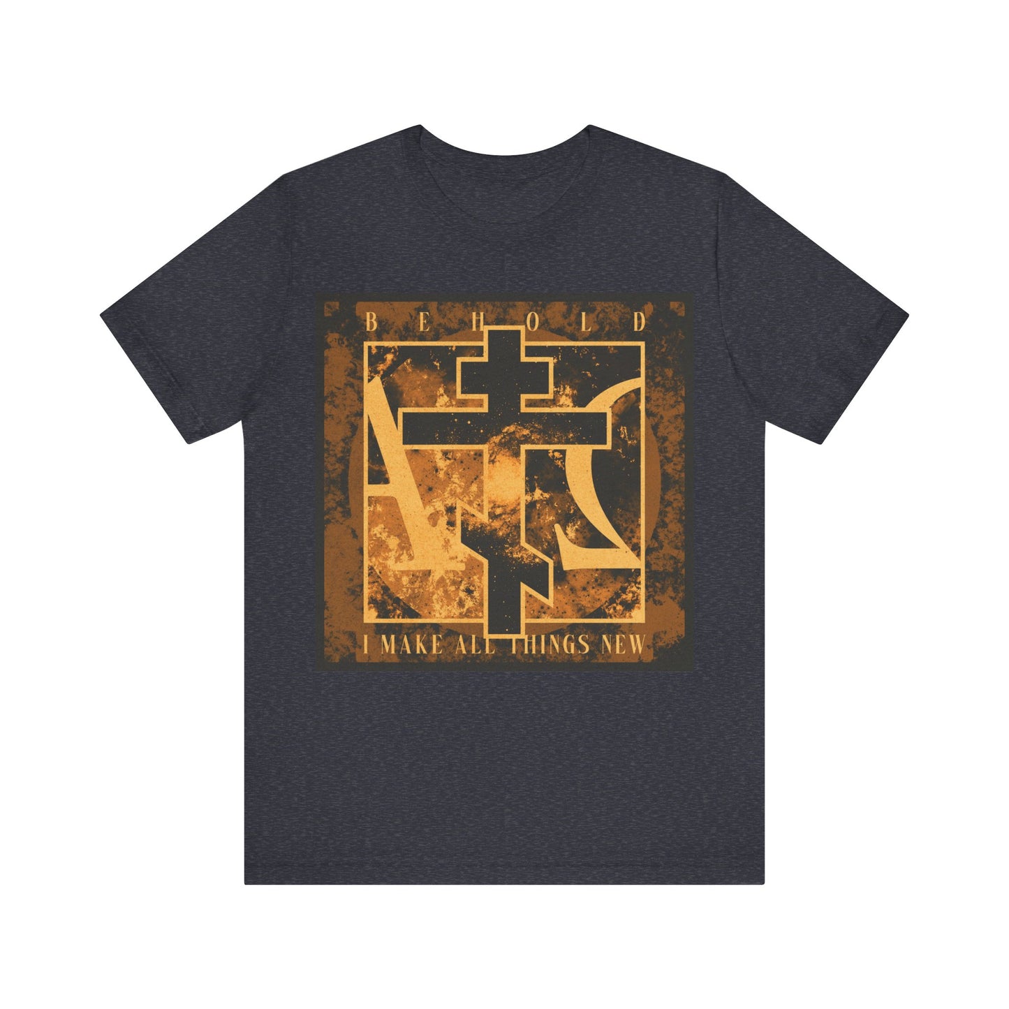Heather Navy t-shirt with a brown and orange Orthodox cross design featuring Alpha & Omega symbols and "Behold, I Make All Things New" (Rev 21:5) text; an Orthodox Christian cotton shirt inspired by the new heaven and earth promise.