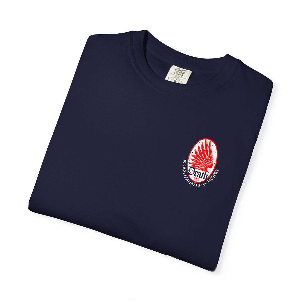 Navy blue Death is Swallowed Up In Victory (1 Cor 15:54) Art Nouveau Eagle Wing & Stars t-shirt with a red wing.