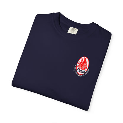 Navy blue Death is Swallowed Up In Victory (1 Cor 15:54) Art Nouveau Eagle Wing & Stars t-shirt with a red wing.
