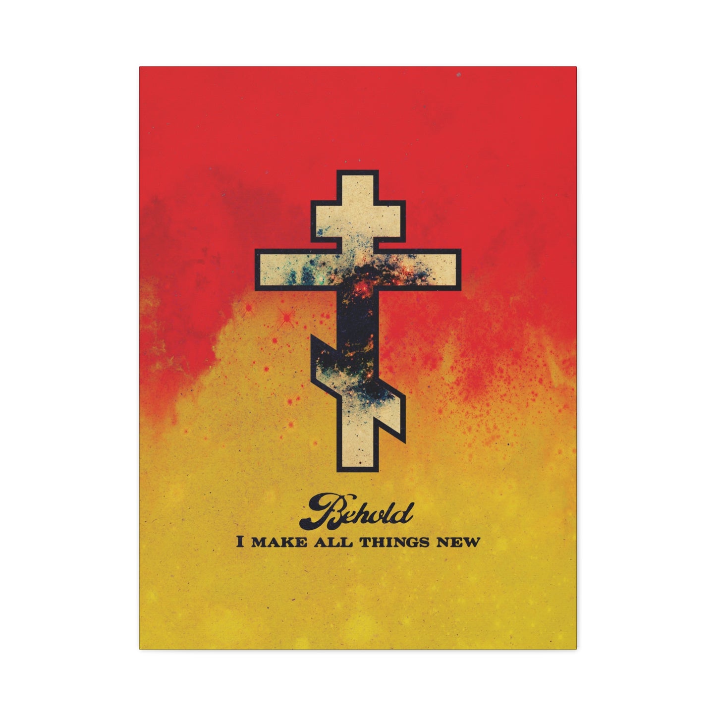 Behold, I Make All Things New (Revelation 21:5) | Cosmic Orthodox Cross on Red and Yellow Background | Orthodox Christian Canvas Art