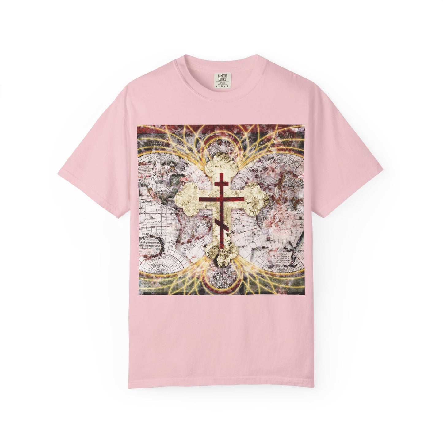 Blossom-colored heavyweight cotton unisex tee featuring a red Orthodox cross with glowing magnetic lines over an antique map background, inspired by the Conqueror of Death and Revelation 1:18.
