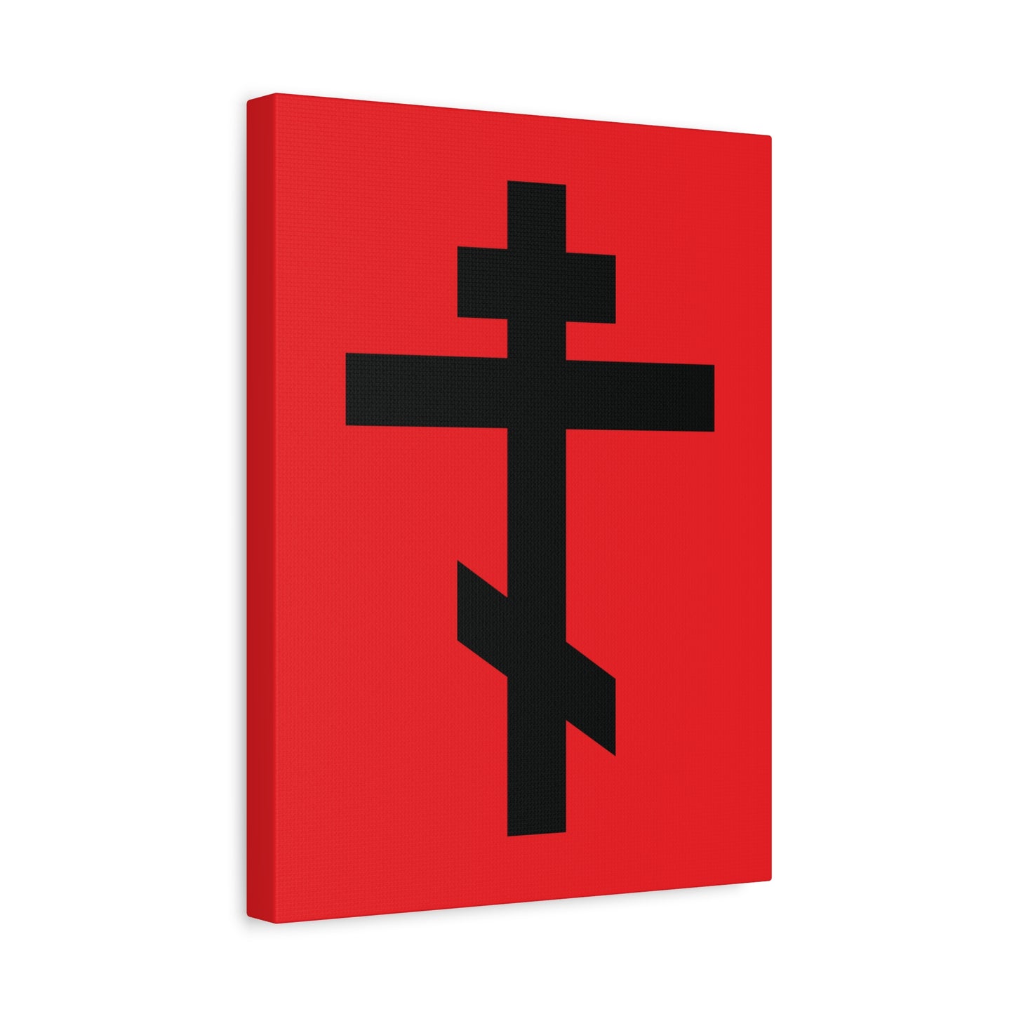 A black Orthodox cross on a vivid red canvas, inspired by Gal 6:14: "May I never boast except in the cross of our Lord Jesus Christ"—Orthodox Canvas Art that radiates spiritual meaning.