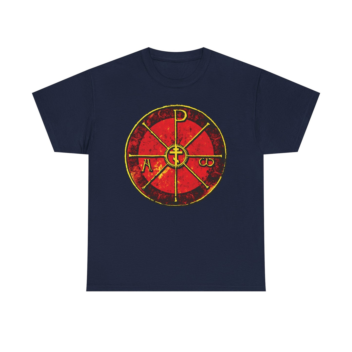 Navy Alpha & Omega Chi Rho Orthodox Cross T-shirt featuring a bold Christogram design, inspired by ancient Christianity and the Cathedral of Milan. Midweight cotton for comfort—"In This Sign Ye Shall Conquer" message on front.