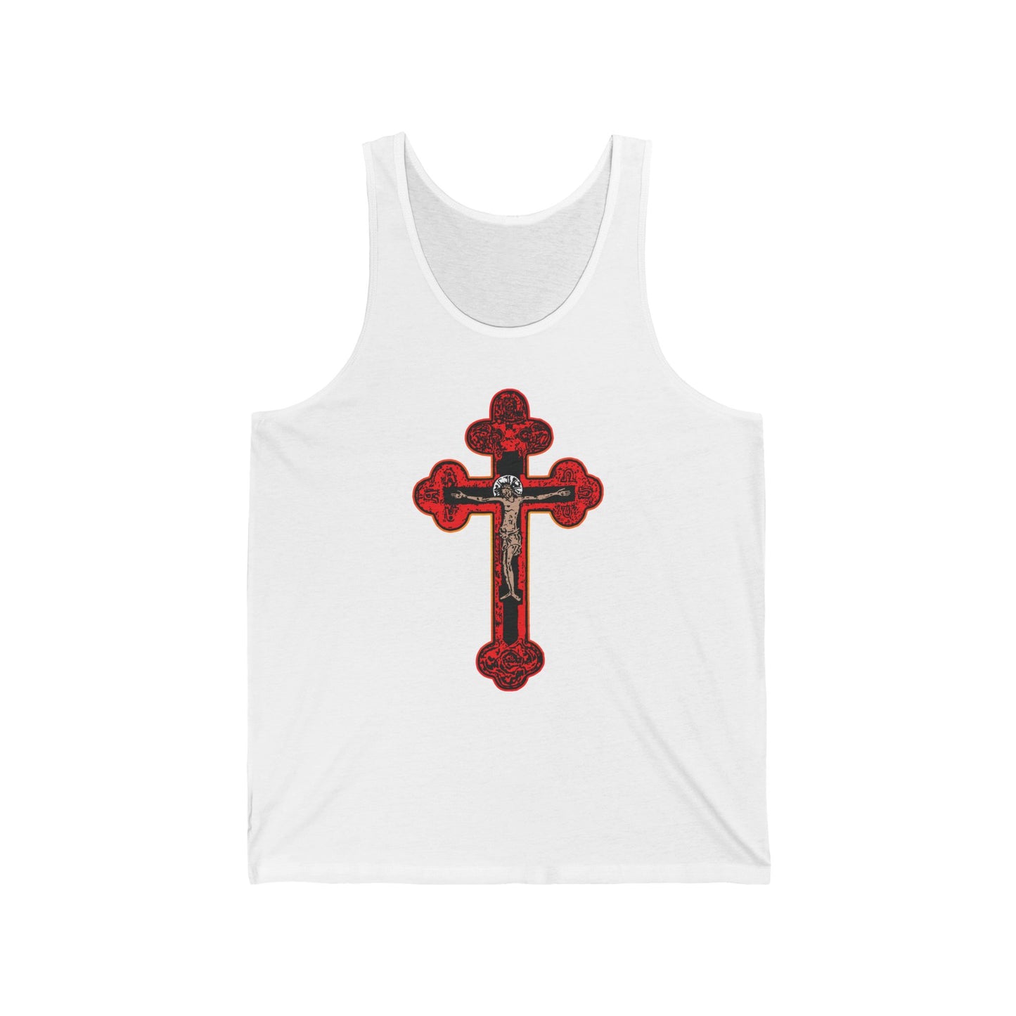 White cotton tank top featuring a red Orthodox Christian Byzantine Golgotha Cross with Jesus at the center, inspired by Isaiah 53:3-5. Includes Alpha & Omega symbols and “I Am Crucified With Christ” design.