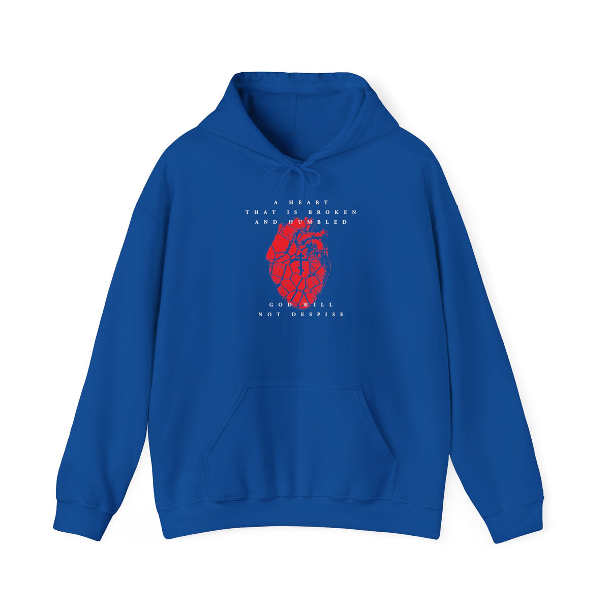 The “A Heart That is Broken and Humbled God Will Not Despise” Christian hoodie in royal blue features a bold red cracked heart with an Orthodox cross and white text inspired by Psalm 51, offering a meaningful reminder of repentance and forgiveness for those seeking reflection.