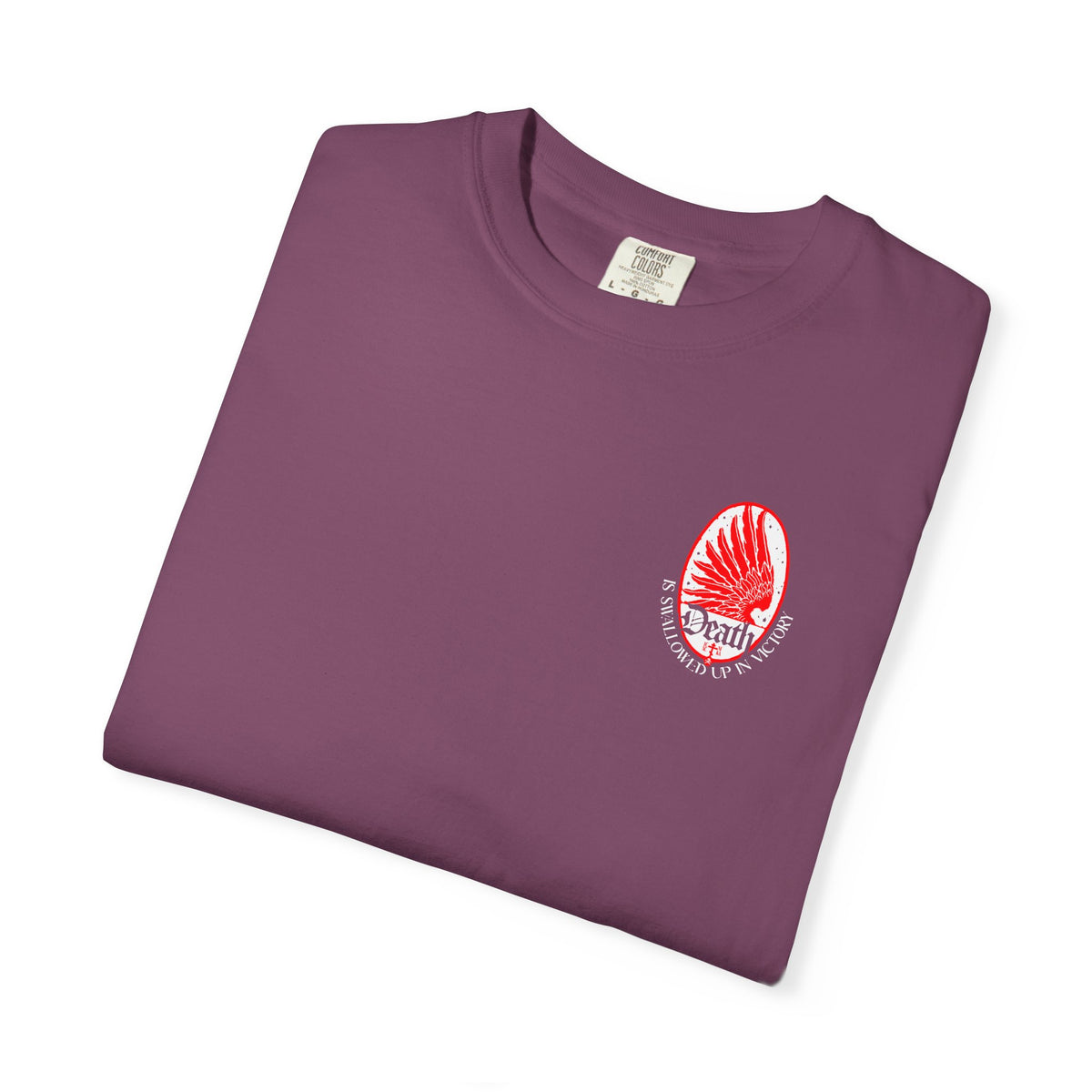 Folded plum Death is Swallowed Up In Victory (1 Cor 15:54) Art Nouveau Eagle Wing & Stars t-shirt with red graphic.