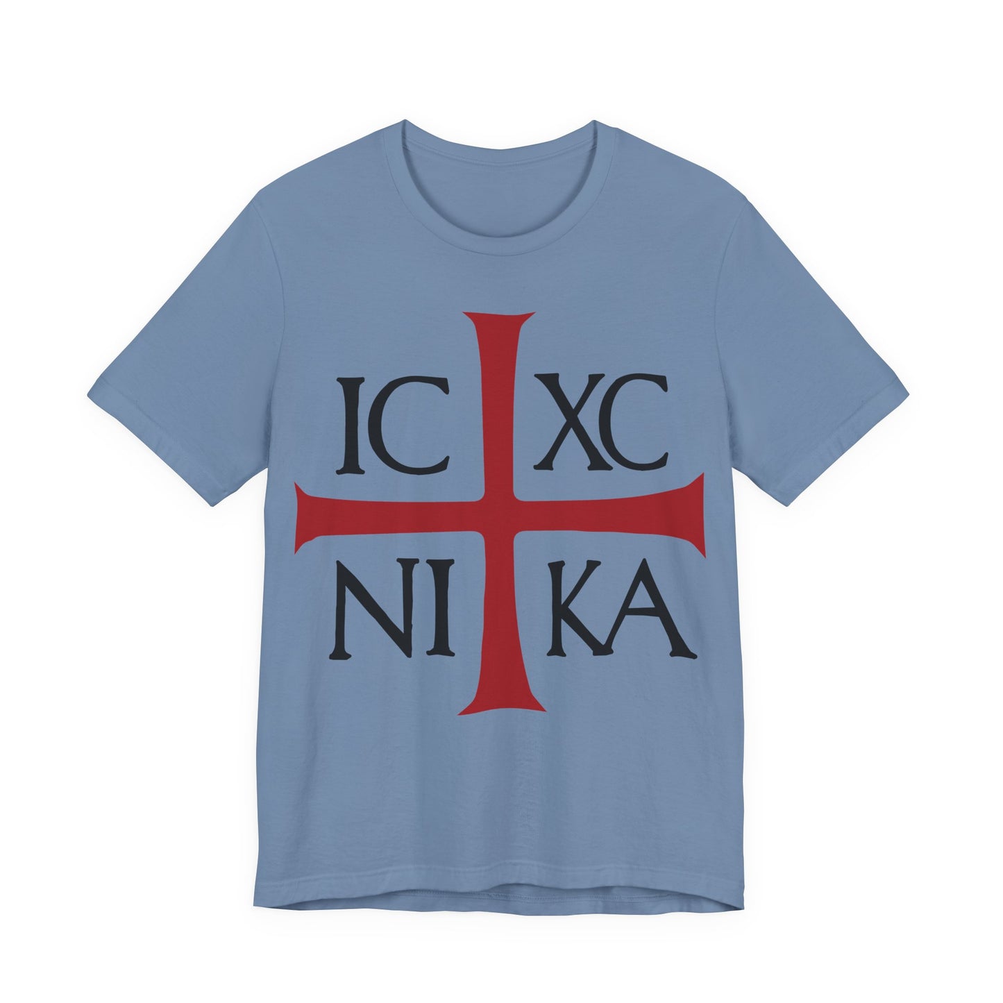 Steel blue cotton t-shirt featuring a large red cross and black "ICXC NIKA"—an ancient Byzantine christogram meaning "Jesus Christ Conquers"—inspired by Philippians 2:9-11. Orthodox Christian design.