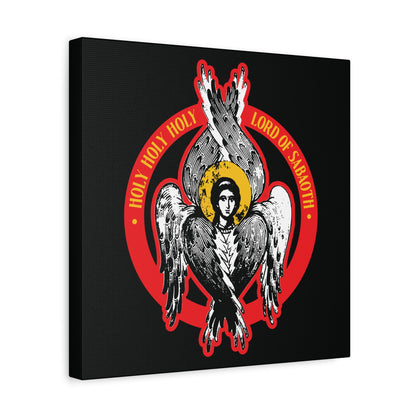 Illustration of a six-winged seraphim with a halo, red ring, and gold "Holy Holy Holy Lord of Sabaoth" text from Isaiah 6. Orthodox Seraphim Angel IconoGraphic Christian Wall Art: Lord of Hosts | Unseen Realm.