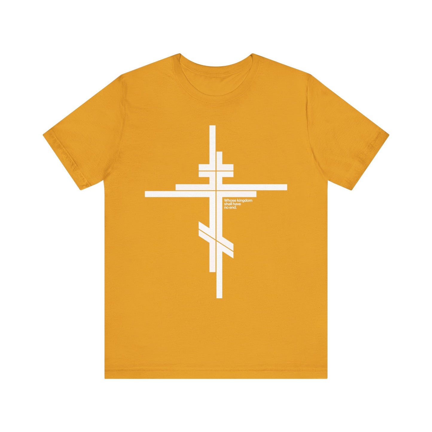 Mustard unisex t-shirt featuring a large white Orthodox cross and minimalist text on the front center, inspired by Luke 1:32-33 and the enduring kingdom of Christ.