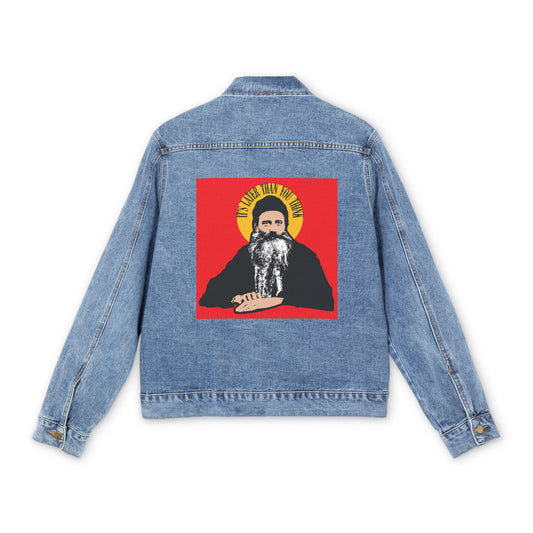Medium denim wash jean jacket featuring a Fr Seraphim Rose quote in a yellow halo, inspired by Orthodox Christian art. Modern American Orthodox Christian saint design. Product name: "It's Later Than You Think.