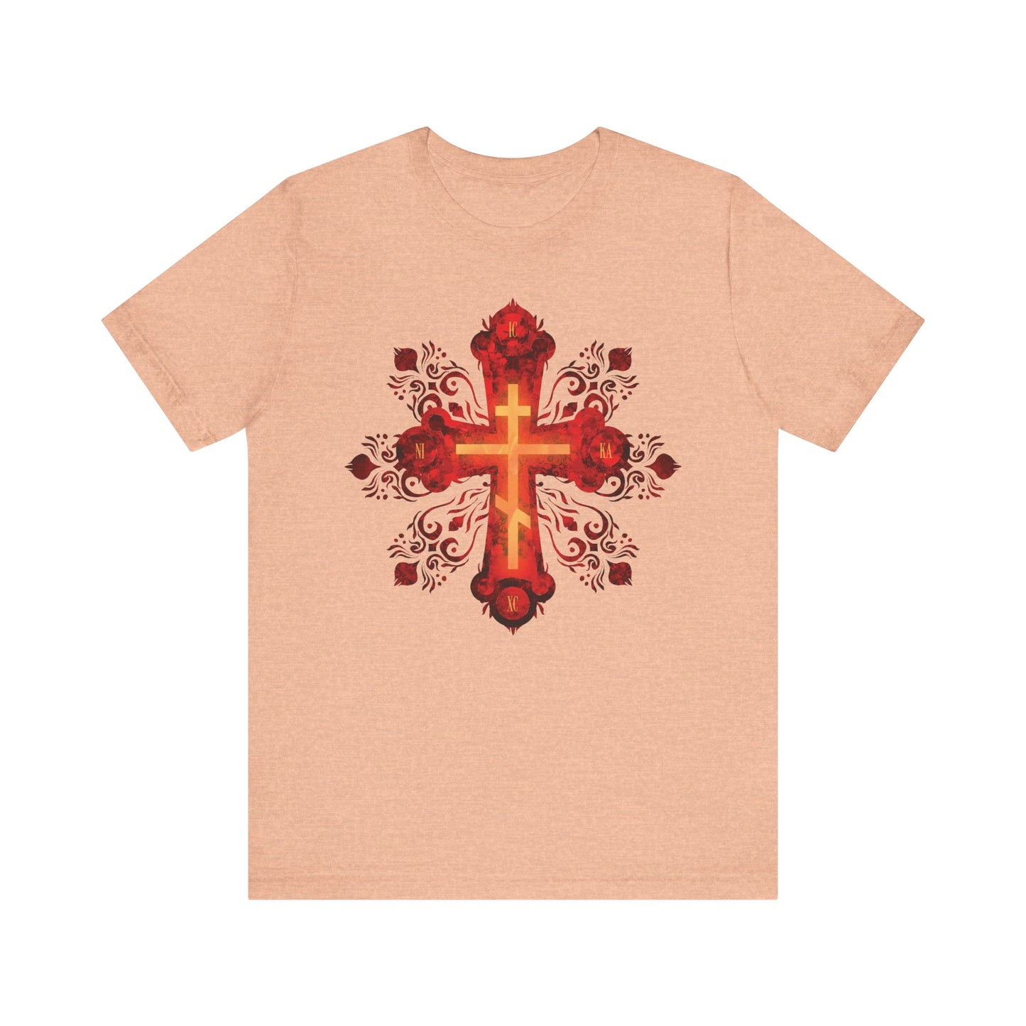 Heather peach unisex tee featuring a large, ornate red and gold Russian-style Orthodox cross and "He was pierced for our transgressions"—a bold statement of faith inspired by the Christian warrior spirit.