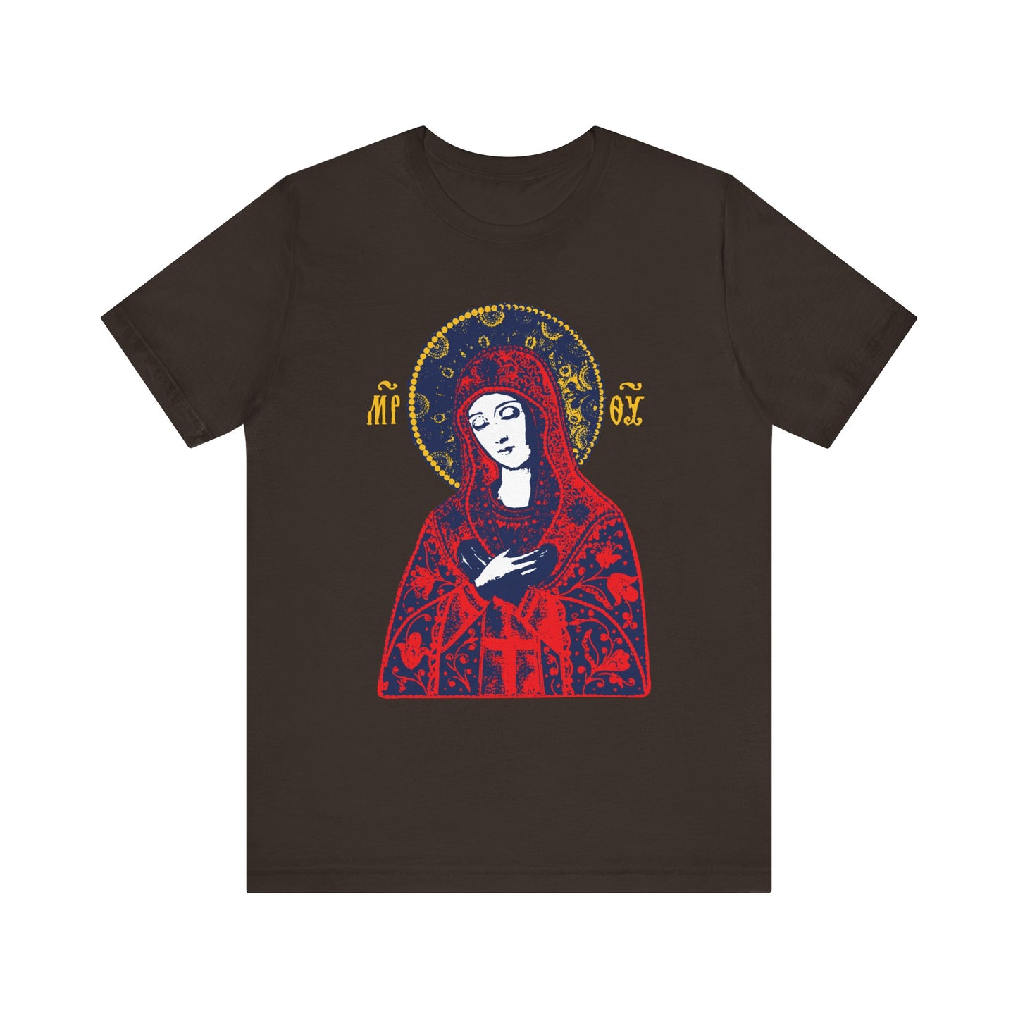 Brown unisex t-shirt, lightweight cotton, featuring the Joy of All Joys Tenderness Theotokos icon, inspired by traditional Orthodox iconography with halo and Greek letters.