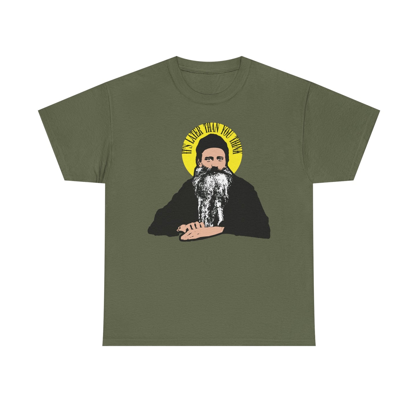 Military green t-shirt with yellow halo design and “It’s Later Than You Think” quote, inspired by Fr. Seraphim Rose—modern American Orthodox saint. Bold Christian statement on heavy cotton for everyday faith.