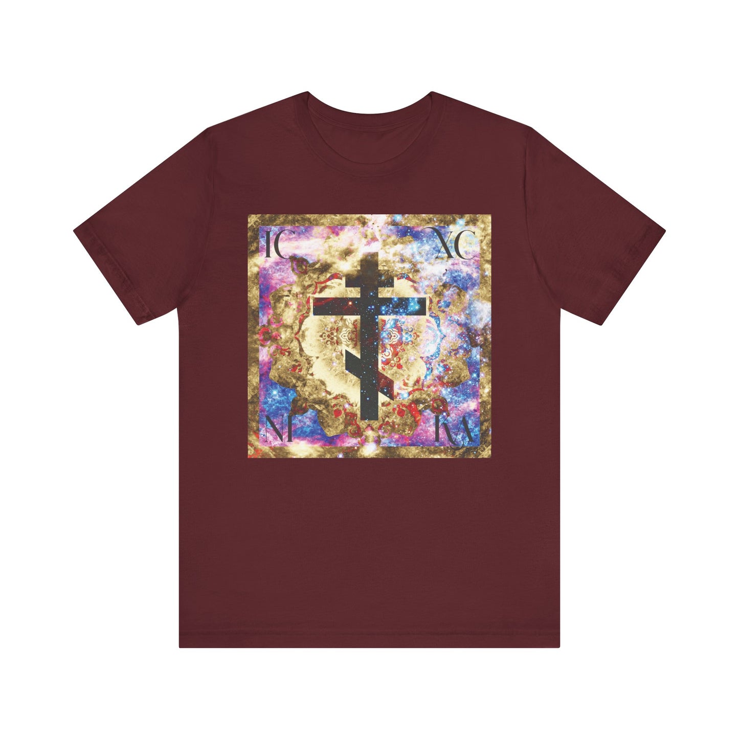 Maroon T-shirt named “ICXC NIKA Gold & Blue Colorful Cosmic Textured Cross | Orthodox Christian Lightweight Cotton Unisex T-Shirt,” featuring a vibrant abstract square with a gold and blue cosmic textured cross at its center, symbolizing the power of the Cross and inspired by St. John of Kronstadt's message of deliverance from evil.