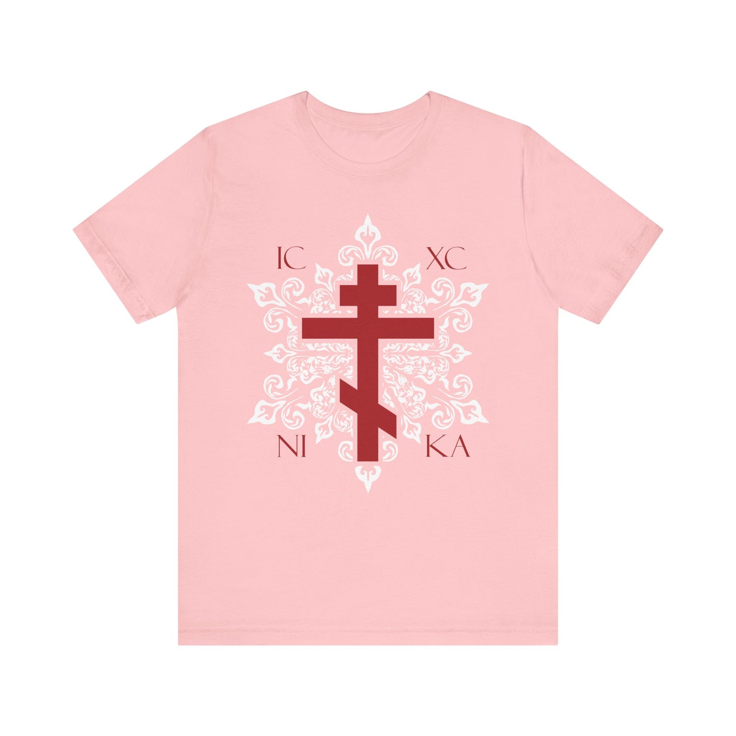 The ICXC / NIKA Red Orthodox Cross on Ornate White Medieval Floral Design t-shirt is a lightweight, pink unisex cotton tee—best-selling Orthodox Christian apparel blending faith and stylish comfort.