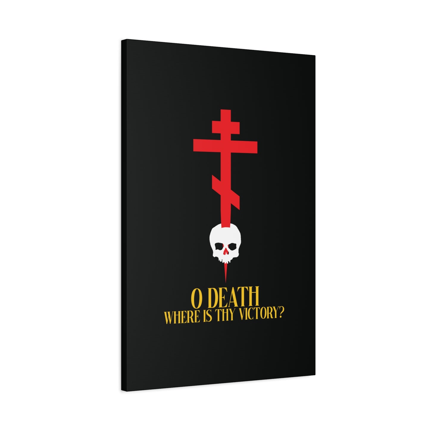 O Death Where is Thy Victory? (1 Corinthians 15:55) | Cross Stabbing Skull | Yellow Text | Orthodox Christian Canvas Art