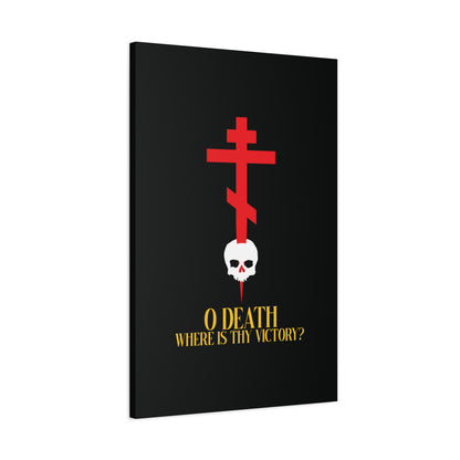 O Death Where is Thy Victory? (1 Corinthians 15:55) | Cross Stabbing Skull | Yellow Text | Orthodox Christian Canvas Art