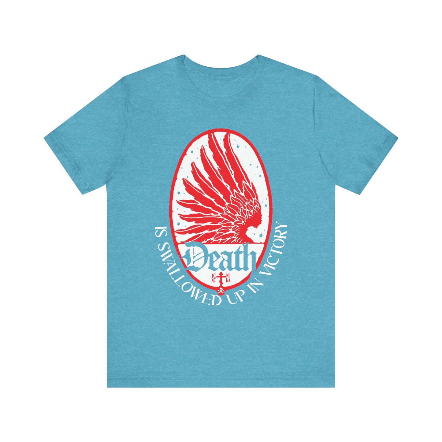 Heather Aqua unisex cotton tee with an Art Nouveau eagle wing & stars graphic and the text “Death is Swallowed Up In Victory” (1 Cor 15:54)—a bold Orthodox Christian reminder of immortality.