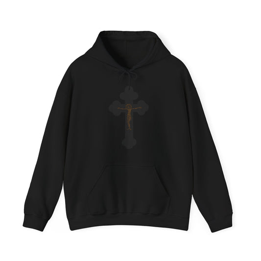 Black & Bronze Orthodox Crucifix Icono-Graphic | Minimalist Christian Graphic Design | I Am Crucified with Christ | Christian Hoodie