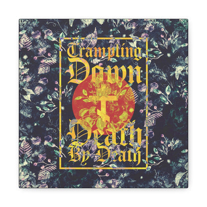 Trampling Down Death By Death | Paschal Floral Design with Gothic Script and Three-Bar Cross | Orthodox Christian Canvas Art