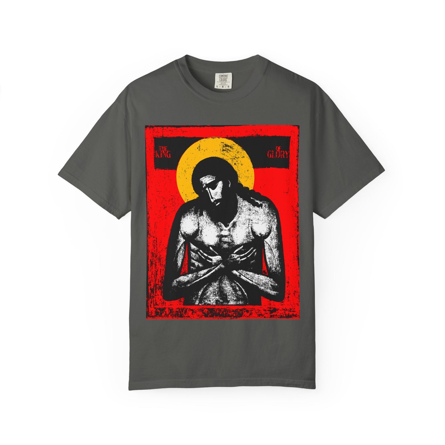 Pepper T-shirt, The King of Glory Jesus Christ "Extreme Humility" IconoGraphic, featuring a somber figure with yellow halo on red background—Christian devotional tee inspired by Isaiah 53 and the sacrificial journey of Jesus Christ.