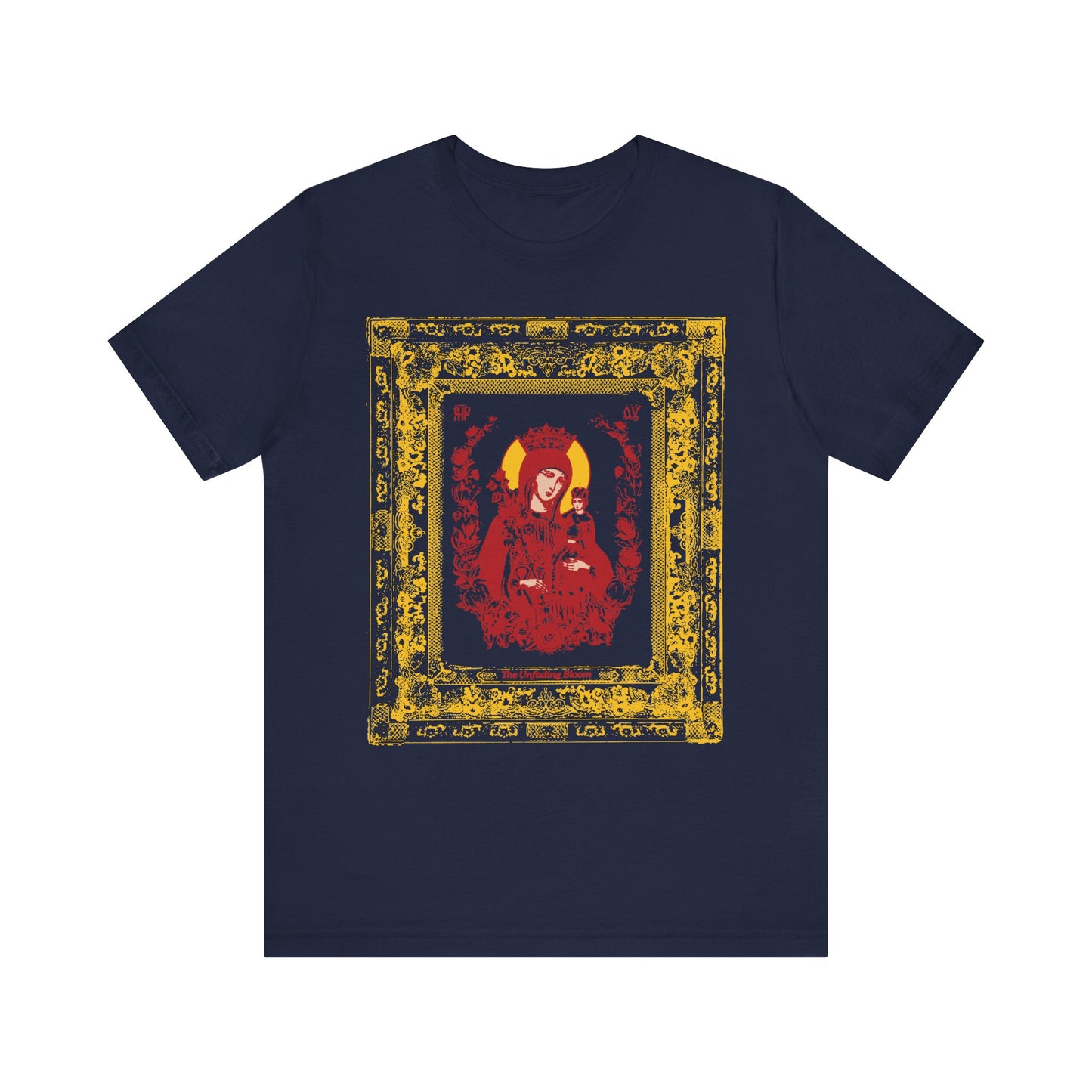 Unfading Bloom Ornate Theotokos Iconographic navy t-shirt featuring a striking red and gold depiction of Mary, the Mother of God, crowned and adorned with ornate golden borders inspired by Akathist hymns and fragrant flowers; crafted from lightweight cotton in a unisex fit.