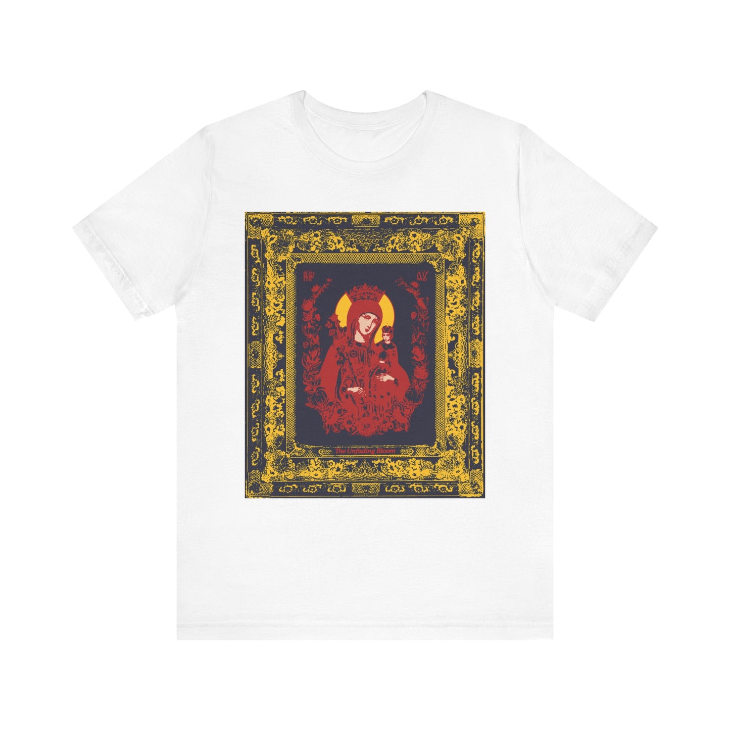 Unfading Bloom Ornate Theotokos Iconographic—this white lightweight cotton unisex tee features a striking graphic of Mary, the Mother of God, framed by an ornate gold and black border inspired by Akathist hymn traditions—making it a standout among Orthodox Christian devotional designs.