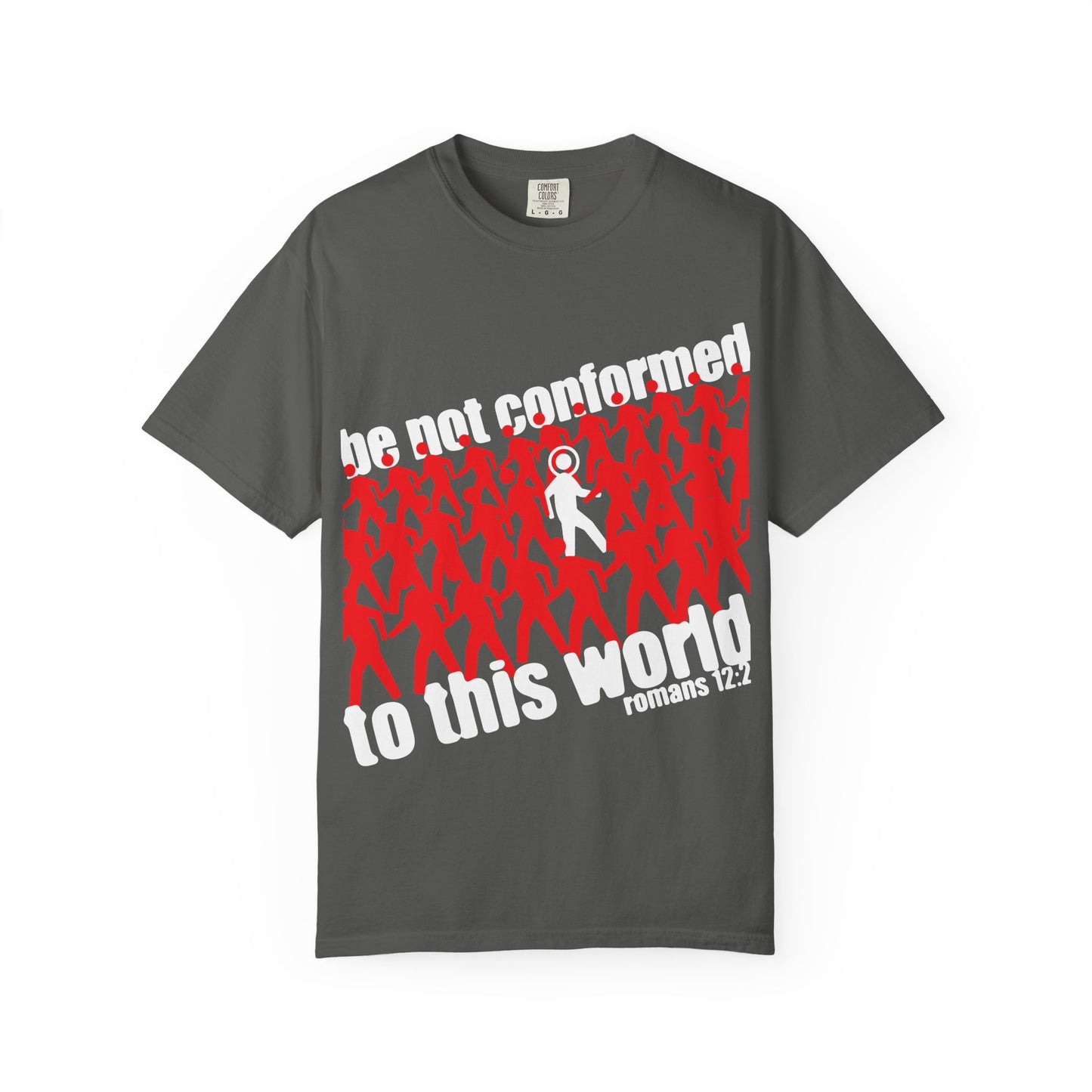 Pepper-colored heavyweight cotton unisex tee featuring striking red figures and one white figure, along with the inspiring message: be not conformed to this world Romans 12:2. This Orthodox Christian shirt, titled “Be Not Conformed to This World (Romans 12:2) | Reject the Modern World,” serves as a powerful reminder of the call in Romans 12:1-2 to embrace rational worship and renew your mind.