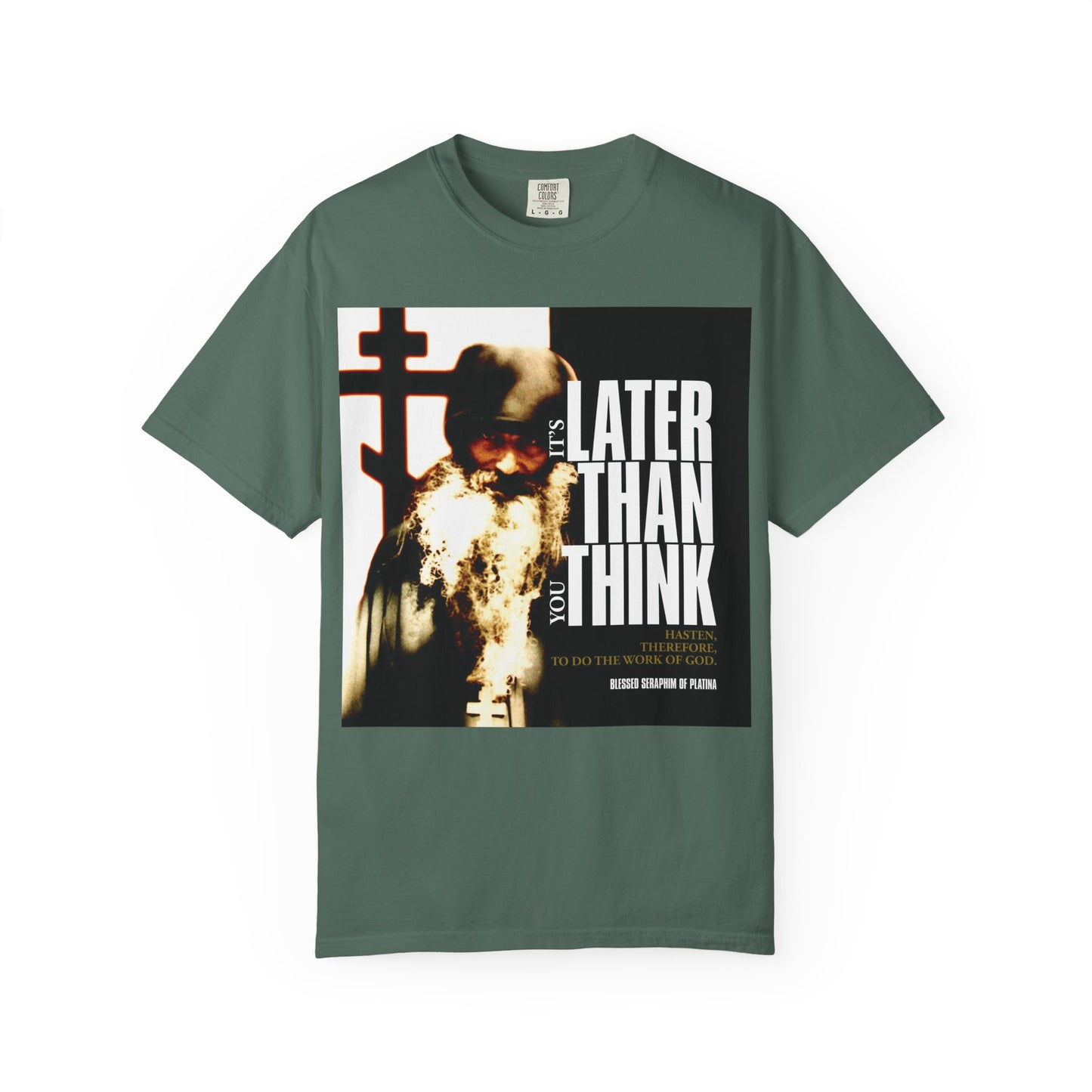 Blue Spruce heavyweight cotton t-shirt featuring a photo of Fr Seraphim Rose with modern cinematic poster typography: “It’s Later Than You Think.” Unisex Orthodox design inspired by Fr Seraphim Rose’s teachings.