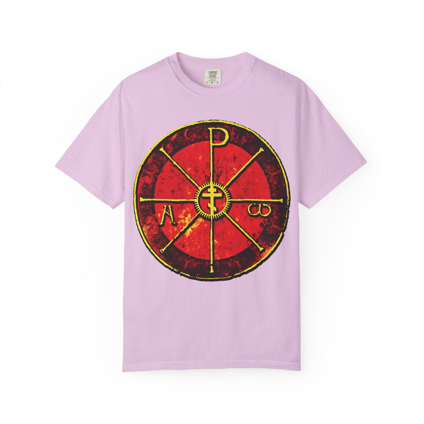 Orchid t-shirt featuring a bold red and yellow Chi Rho Orthodox Cross, inspired by ancient Christograms and Christian symbols from the Duomo di Milan. "Alpha & Omega | In This Sign Ye Shall Conquer." Heavyweight cotton.